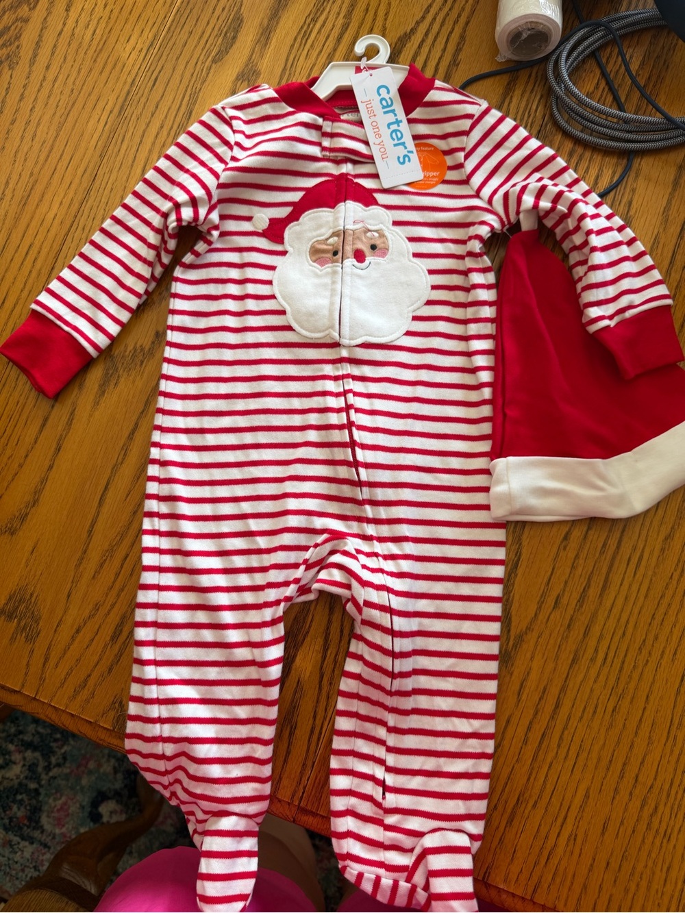 Carter's Red & White Striped Santa Footed One-Piece with Hat